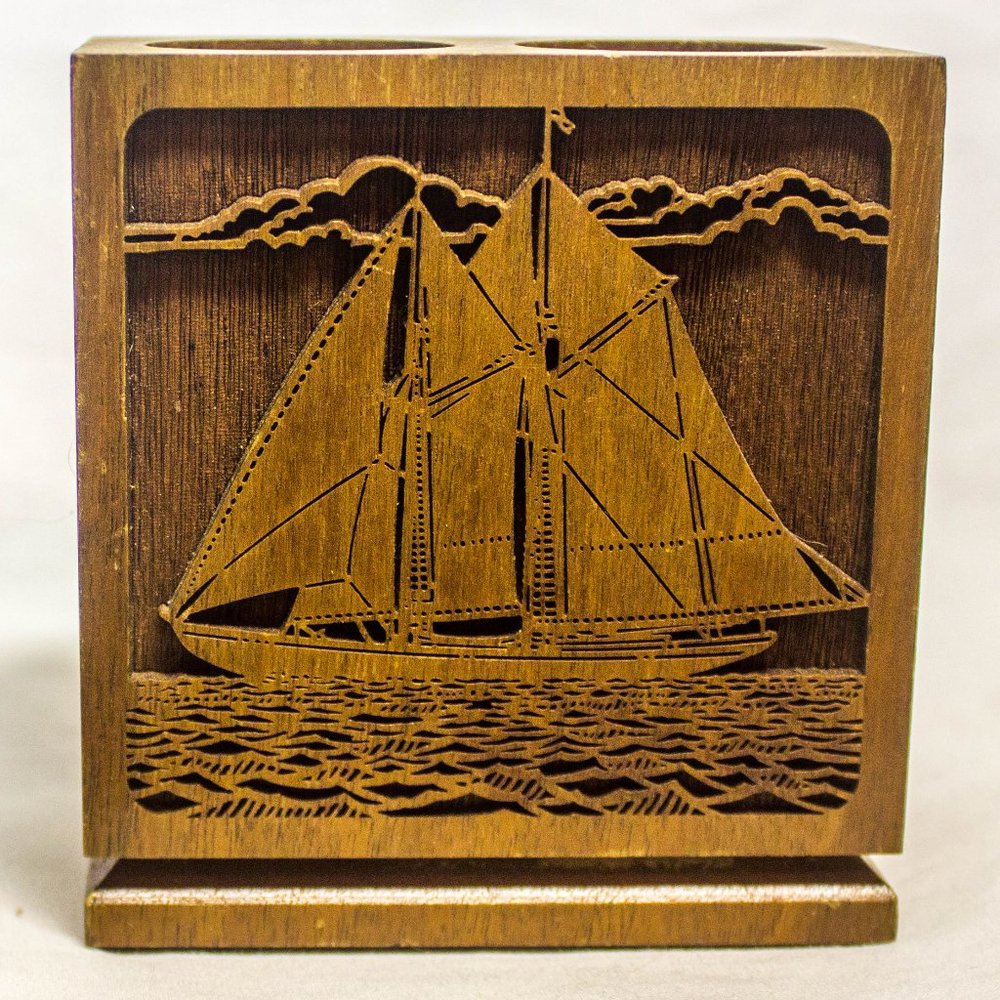 Vintage 70s Lasercraft Walnut Pen Holder